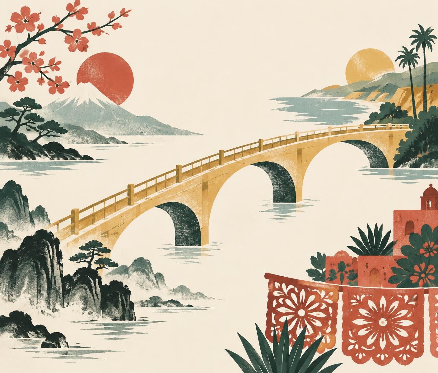 An illustrated bridge joining landscapes inspired by Mexico, California, Japan and China